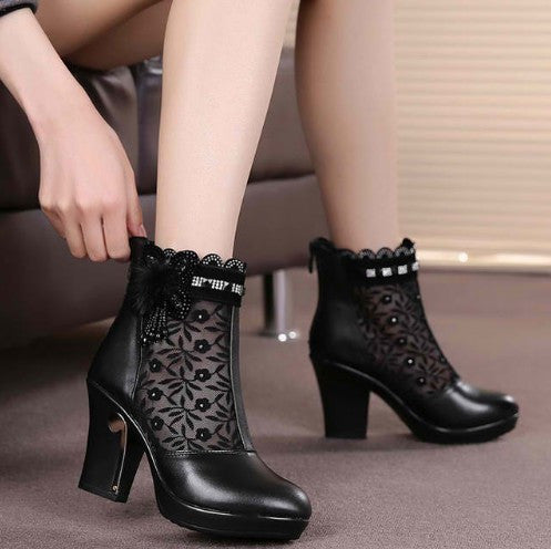 Genuine Leather Cutout Mesh Boots